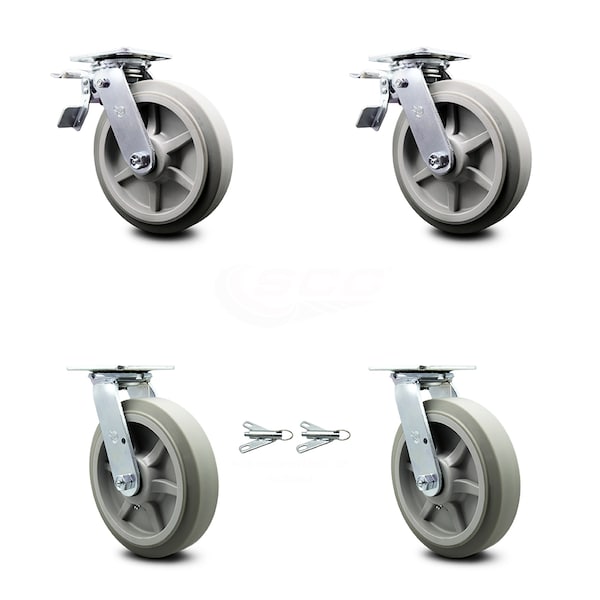 8 Inch Thermoplastic Rubber Caster Set with Ball Bearings 2 Brakes 2 Swivel Lock